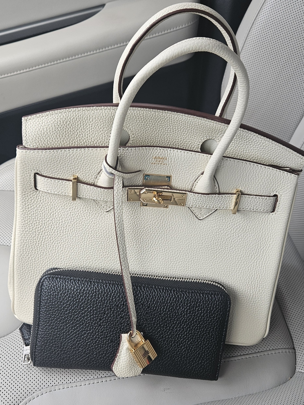 Pebbled Leather Satchel with Black Zip Wallet - White